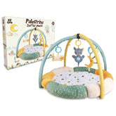 Teorema GoGO Soft Play Gym features a colorful play mat resembling a bed with a plush cat toy and a matching cardboard box.