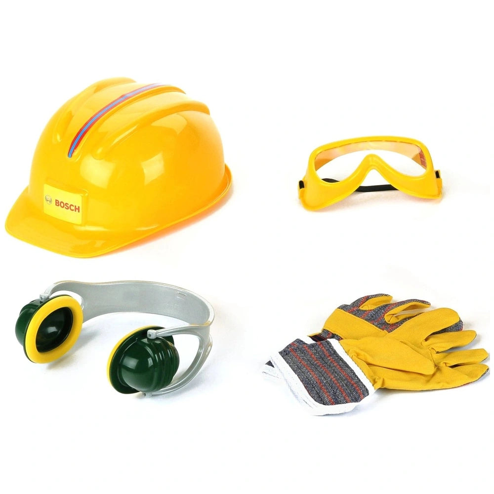Theo Klein Bosch Accessories Set includes four yellow plastic tools with various finishes, ideal for pretend play.
