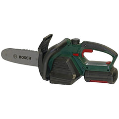 Theo Klein Bosch chain saw toy with green body, black handle and guard, red guide, and "BOSS" branding on the blade.