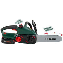 Theo Klein Bosch chain saw features a black handle, silver blade, red button, and red switch, ideal for role-playing.