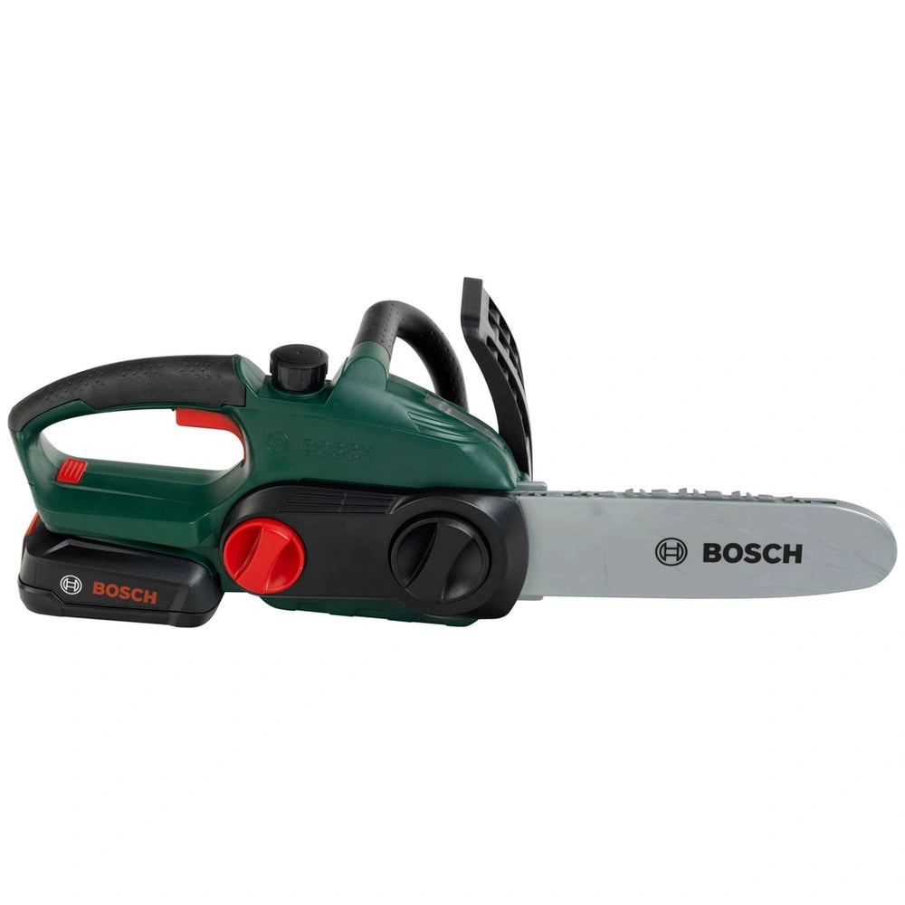 Theo Klein Bosch chain saw with a silver metal blade, black handle, red rubber grip, and green plastic body featuring "BOSCCH