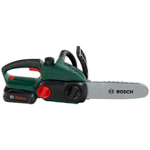 Theo Klein Bosch chain saw with a silver metal blade, black handle, red rubber grip, and green plastic body featuring "BOSCCH