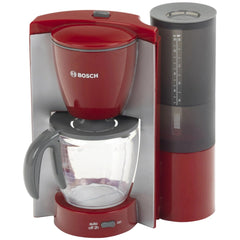 Theo Klein Bosch coffee maker with red top, gray base, clear carafe, control buttons, and display screen for pretend play.