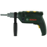 Theo Klein Bosch drill with green body, yellow trigger, and black handle featuring matte finish and visible "BOSCCH" branding