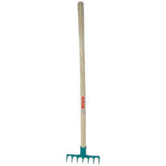 Theo Klein Bosch garden rake with a brown wooden handle and green metal teeth, centered in the image.