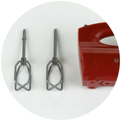 Theo Klein Bosch handmixer in silver metallic, featuring tongs with clamping mechanism on a smooth light-colored surface.