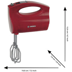 Theo Klein Bosch handmixer in red plastic with silver handle, featuring a whisk attachment and brand logo, centered on a whit