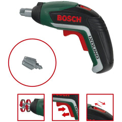 Cordless power drill in black and green with red battery compartment, trigger switch, side handle, and BOSCCH branding.