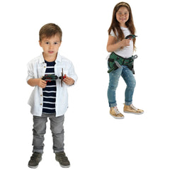 Theo Klein Bosch Ixolino II toy drone held by a smiling girl in white shirt and blue jeans, boy in striped shirt beside her.