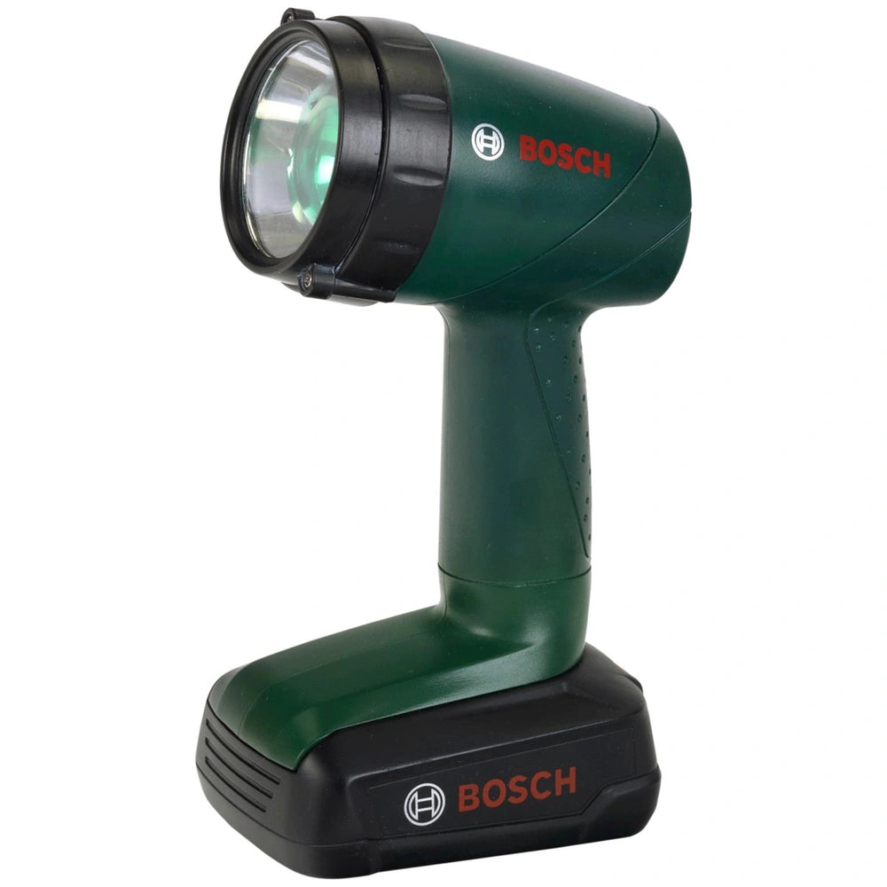 Green and black Bosch flashlight with clear lens, featuring red "BOSCCH" logos and black button, switch, and battery compartm