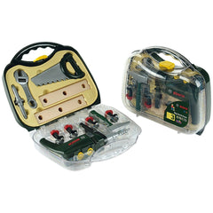 Theo Klein Bosch Tool Case features a variety of colorful plastic tools including screwdrivers, pliers, and wrenches.