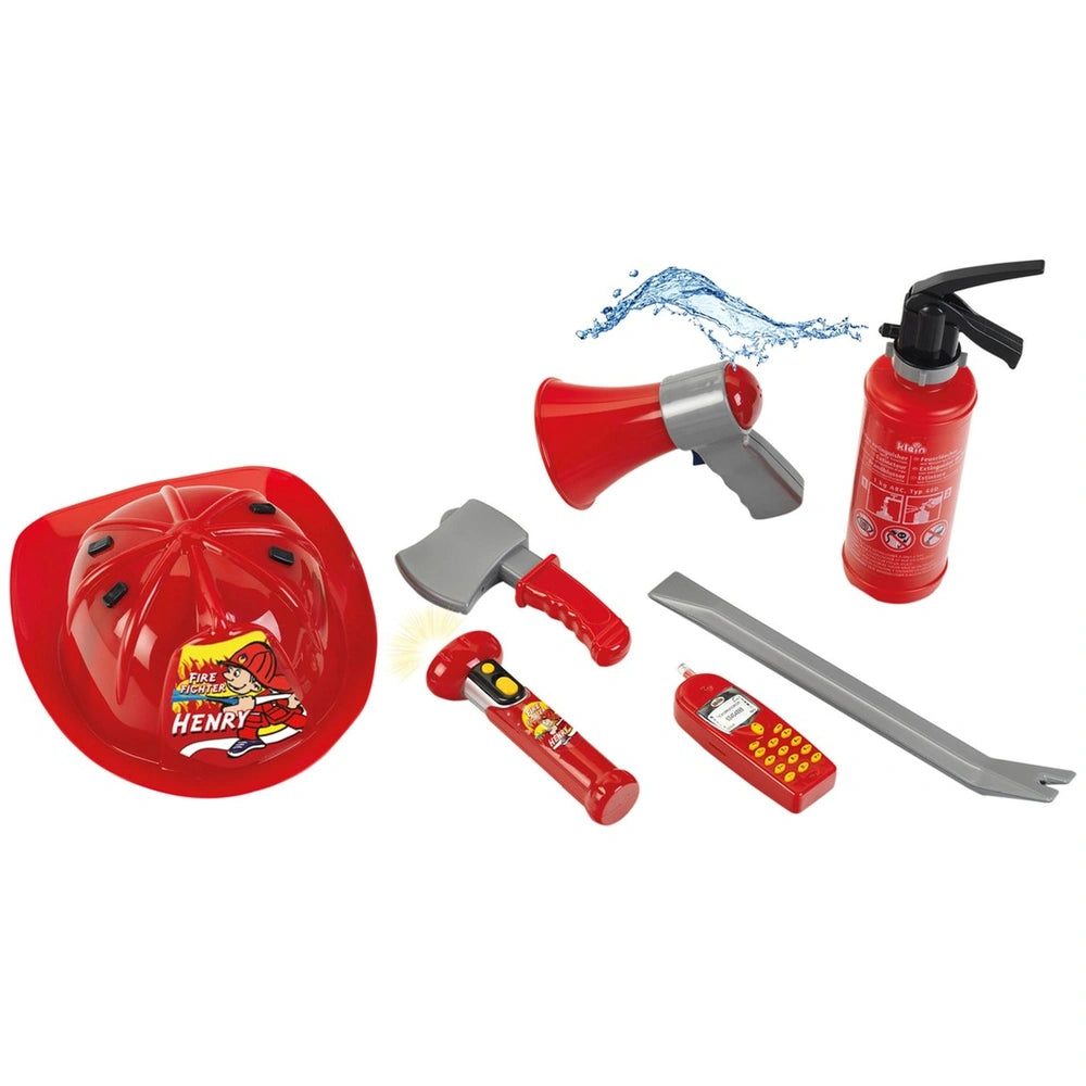 Theo Klein firefighter set includes red plastic helmet, axe, hose, nozzle, walkie-talkie, knife, and spray bottle for role pl