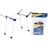 Theo Klein Leifheit drying rack with blue and white chair packaging featuring child, icons, and colorful background.