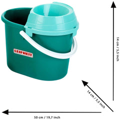 Teal Leifheit mop set with a glossy plastic bucket, lid, handle, and label featuring "LEIFHEIT" in white letters.