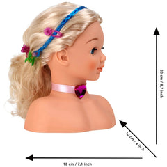 Theo Klein Make-Up And Hairstyling Head Little Sophia features blonde hair, a blue ribbon, pink collar, and a red heart charm