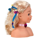 Theo Klein Make-Up And Hairstyling Head Little Sophia features a blonde hairstyle adorned with various colorful flower ribbon