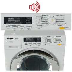 Theo Klein Miele washing machine in white with glossy finish, featuring a control panel with buttons, display screen, and vis