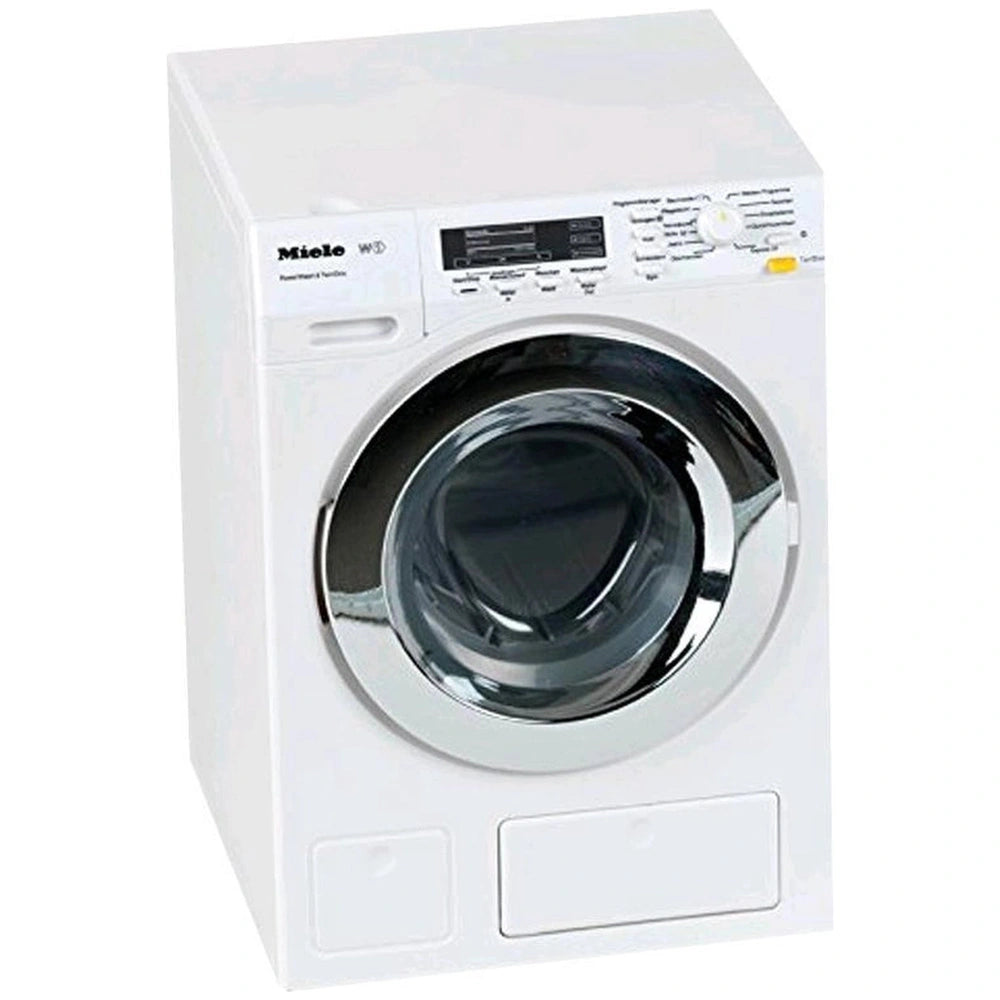 Theo Klein Miele washing machine in white with a black control panel displaying functions like wash, spin, rinse, and dry.