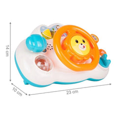 Broom Broom Interactive Driving Wheel is a vibrant orange and white toy car with a smiling face and colorful shapes.