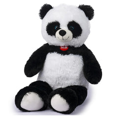 Maxi Sitting Panda Plush, 80 cm, features black and white fur, black eyes, and white-padded paws, perfect for cuddling.