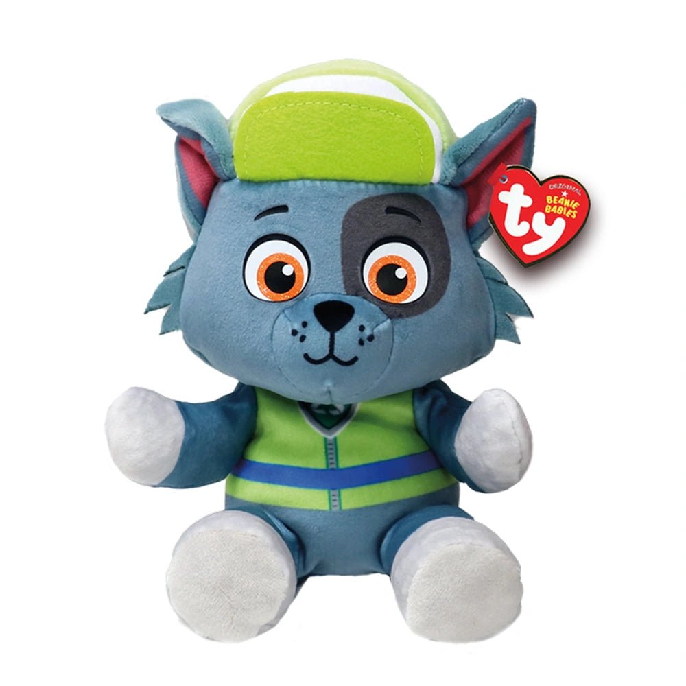 TY - Beanie Babies Rocky from PAW Patrol 20 cm plush toy in blue with white paws, wearing a green and blue striped vest.