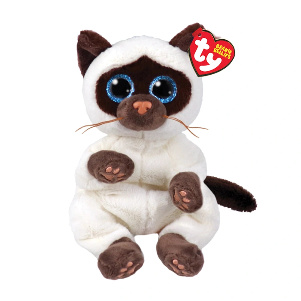 TY - Beanie Bellies Miso beige and brown Siamese cat plush toy with blue glittery eyes and pink nose, 20 cm tall.