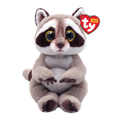 TY - Beanie Bellies Petey grey raccoon 20 cm plush toy with black eyes, white snout, and soft limbs, ideal for cuddling.