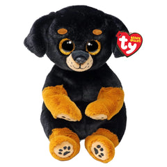 TY - Beanie Bellies Randi black rottweiler plush toy with yellow markings, large shiny eyes, and heart-shaped tag.