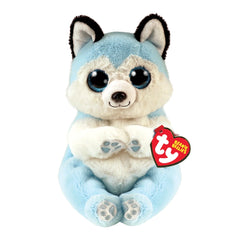 TY - Beanie Bellies Thunder, a plush blue husky with fluffy fur, round eyes, and black pads sitting upright.