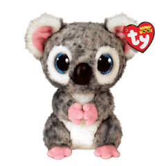 TY Beanie Boos Karli is a 15 cm plush koala with gray fur, large blue eyes, pink paws, and a heart-shaped tag.