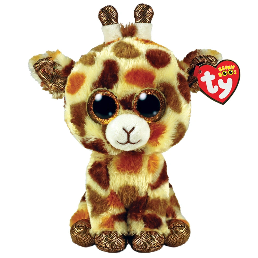 TY Beanie Boos Stilts tan spotted giraffe plush toy with large eyes, heart tag, and cute fur pattern, 15 cm tall.