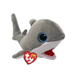 TY - Small Finnegan grey shark 15 cm plush toy with gray body, open mouth, and red heart-shaped tag on a plain white backgrou