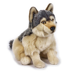 Plush wolf toy with realistic fur texture, light colors, and dark accents, sitting upright with a fluffy tail and pointed ear