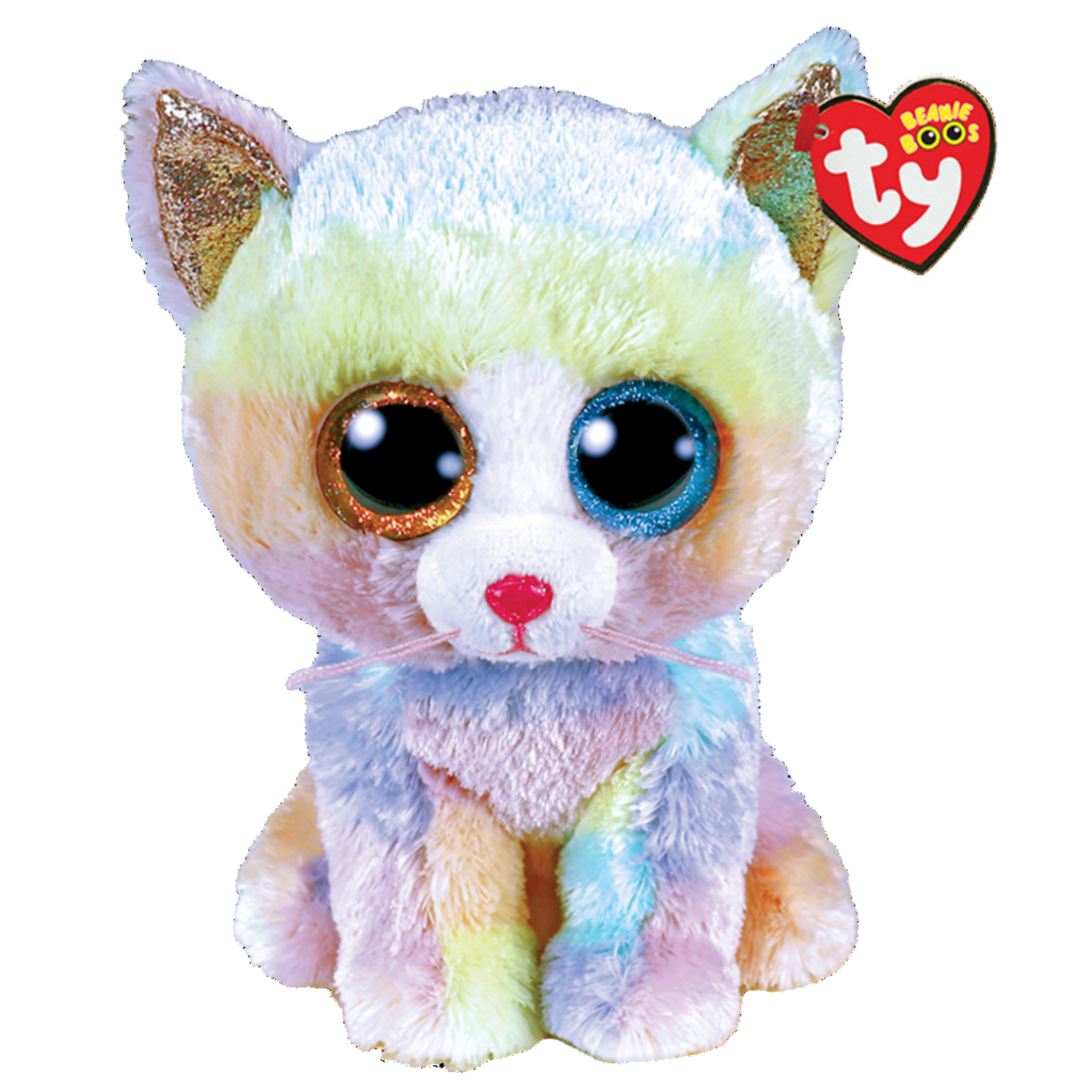 Colorful cat-shaped plush toy with TY logo on a white background