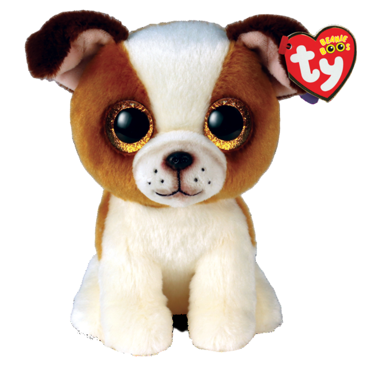 TY - Beanie Boos Hugo is a 15 cm plush brown and white dog with large shiny eyes and a soft, cuddly texture.