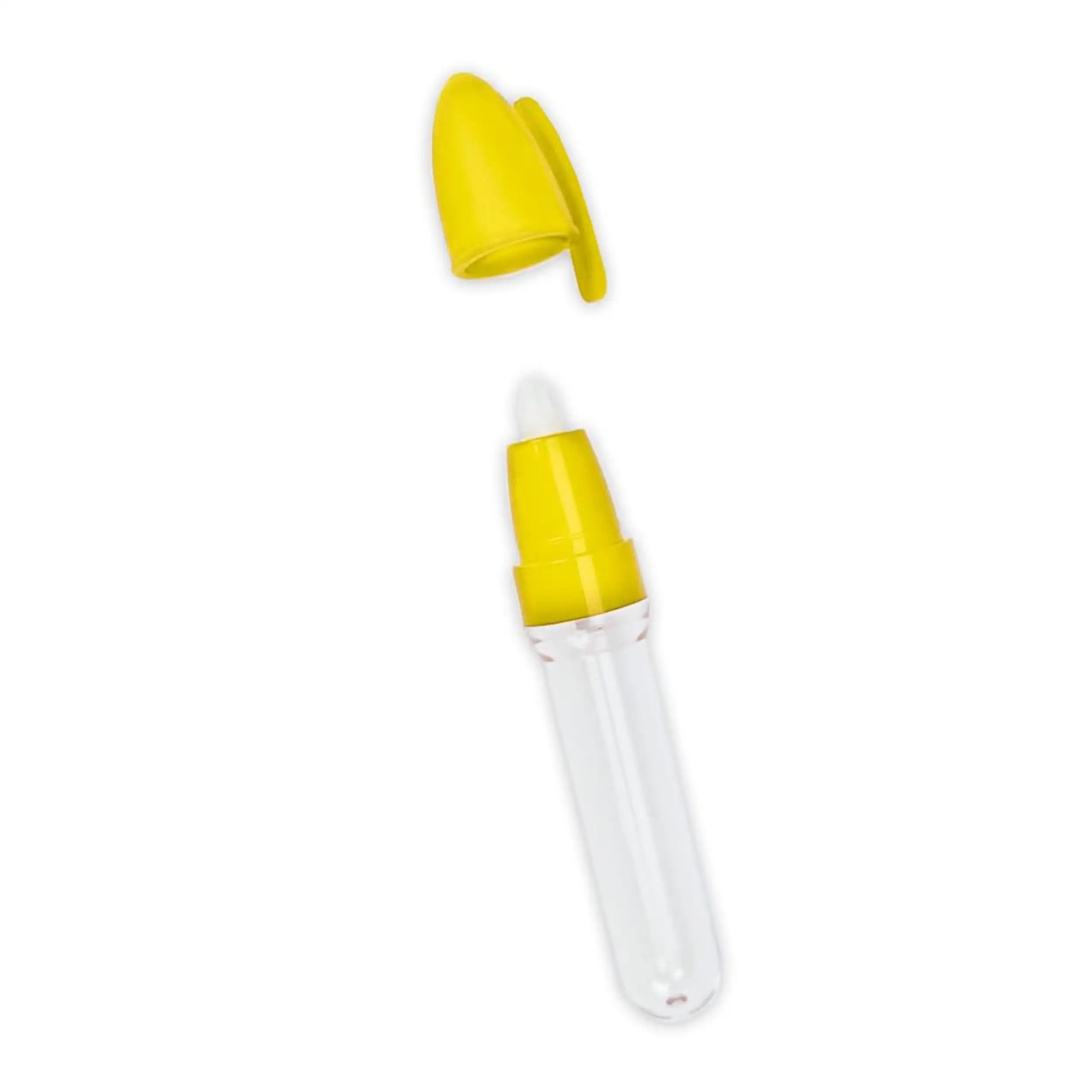 Bright yellow cylindrical plastic objects with a glossy finish, featuring a hollow center and tapered design, placed side by 