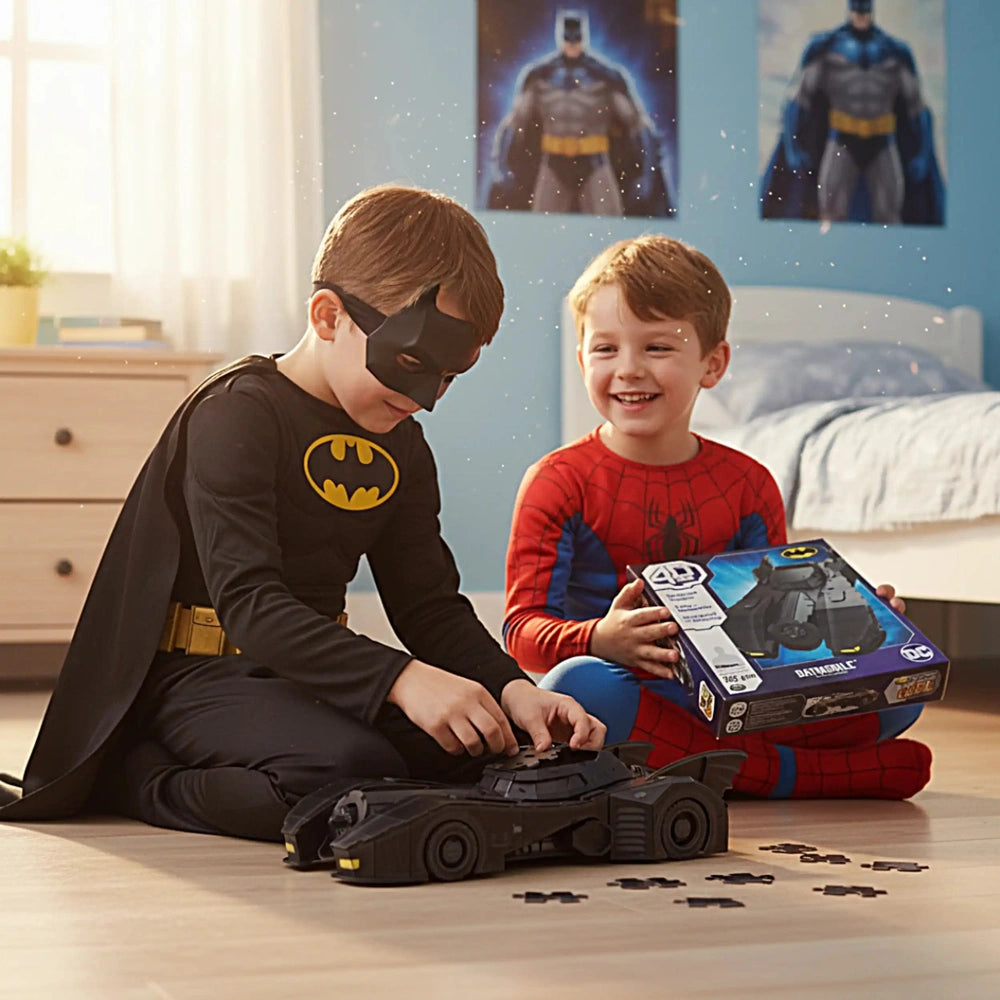 4D Build DC Batman Retro Batmobile 3D Puzzle Model Kit is held by two boys in superhero costumes, smiling on a wooden floor.