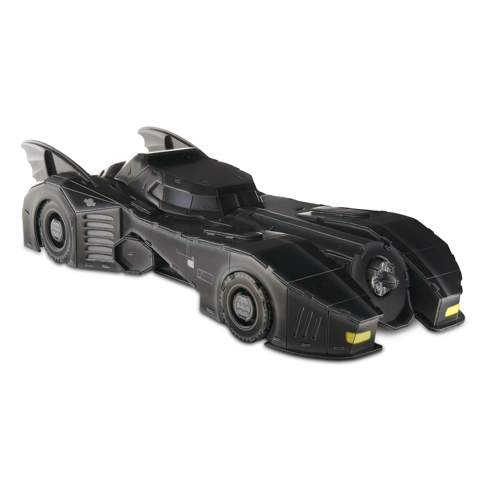 Black 4D Build DC Batman Retro Batmobile 3D puzzle model with sleek design, prominent grille, and bat-shaped emblem.
