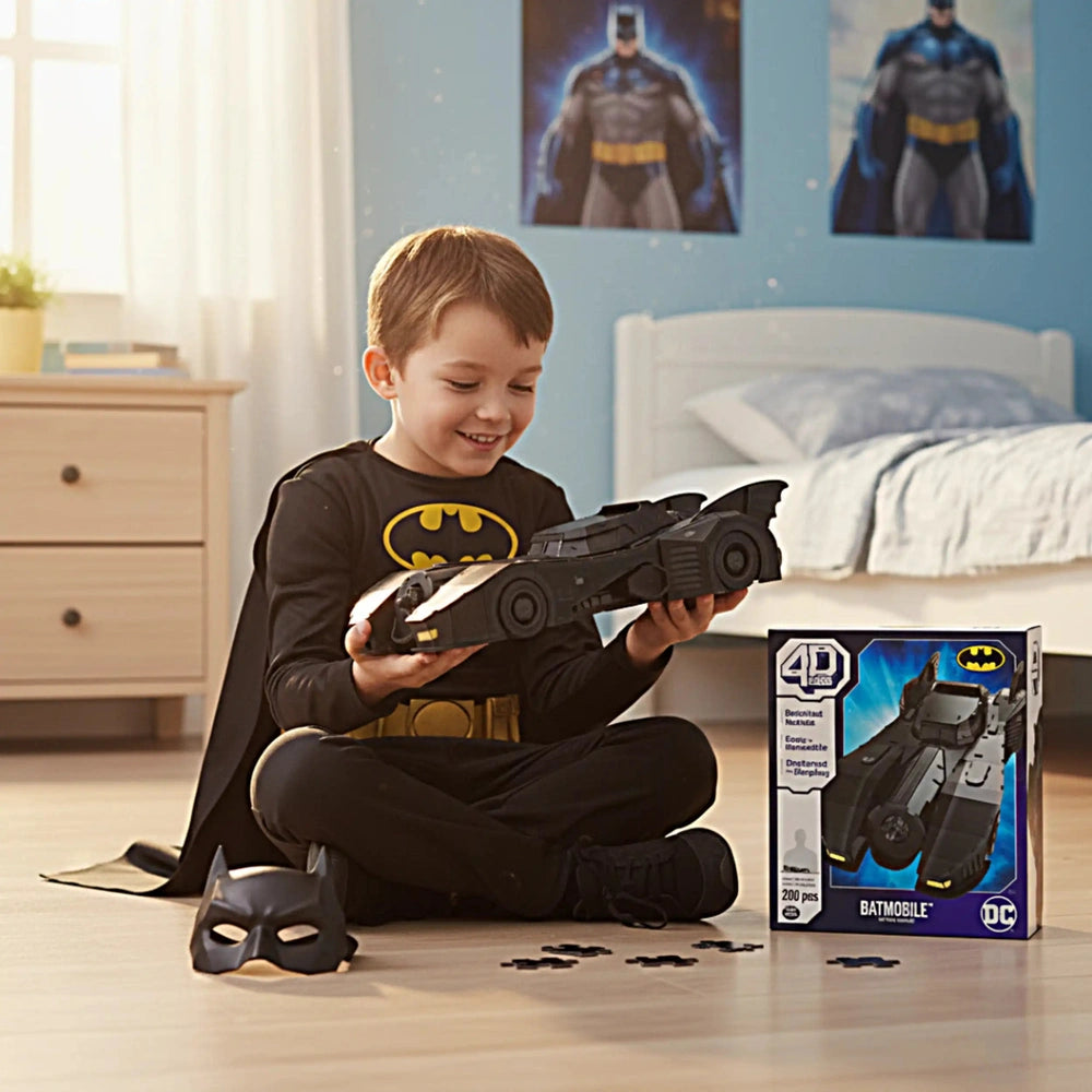 A young boy in a black Batman costume smiles while holding a black and gray Batmobile toy in a blue-themed room.