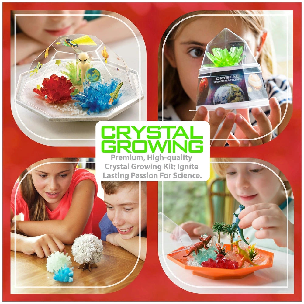 4M Crystal Growing Red Edition toy playset packaging features children, colorful crystals, and a smiling child holding a gree