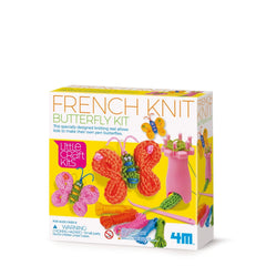 4M French Knit Butterfly Kit packaging features a pink butterfly and green caterpillar against a yellow background with color