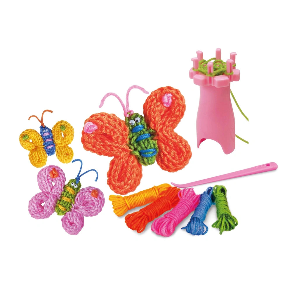 4M French Knit Butterfly Kit featuring colorful yarns, plastic crochet hooks, and metal components for arts and crafts.