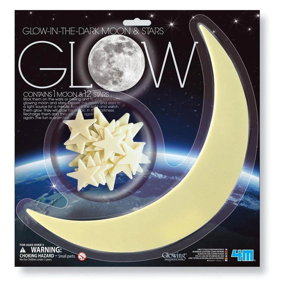 4M Glow in the Dark Moon & Stars retail packaging features white star and moon cutouts on a glossy black background.