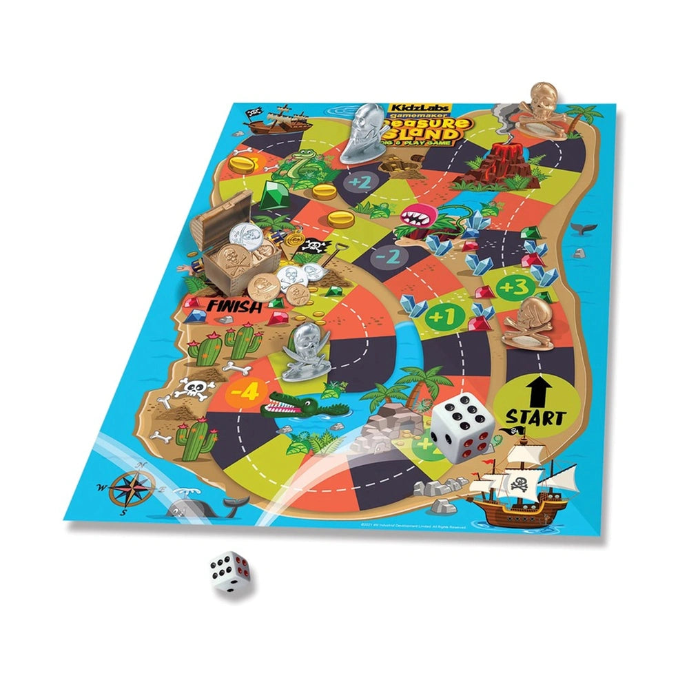 KidzLabs Treasure Island Dig & Play Game packaging features a colorful game board with dice, tokens, and age recommendation 1