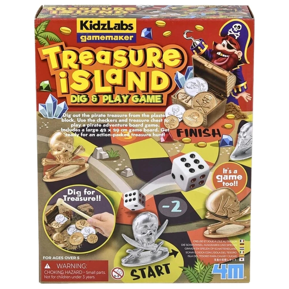 4M KidzLabs Treasure Island Dig & Play Game packaging features a pirate graphic, treasure chest, and colorful printed designs