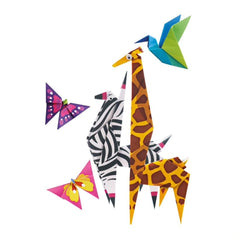 4M Little Craft Origami Zoo Animals featuring a pink butterfly, a zebra, and a colorful giraffe on a white background.