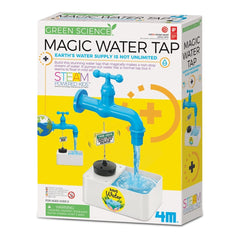4M Magic Water Tap educational toy in yellow packaging features a blue faucet, white base, and green text on cardboard.