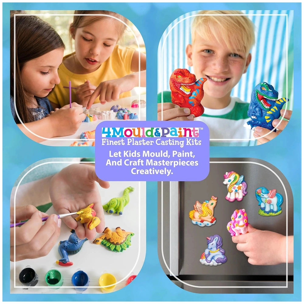 4M Mould & Paint Cute Pets kit displayed with children crafting colorful magnets using various paints and materials.
