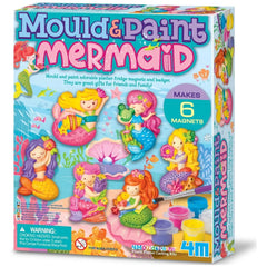 4M Mould & Paint Mermaid kit with colorful mermaid designs, paint supplies, and warning text on blue cardboard packaging.
