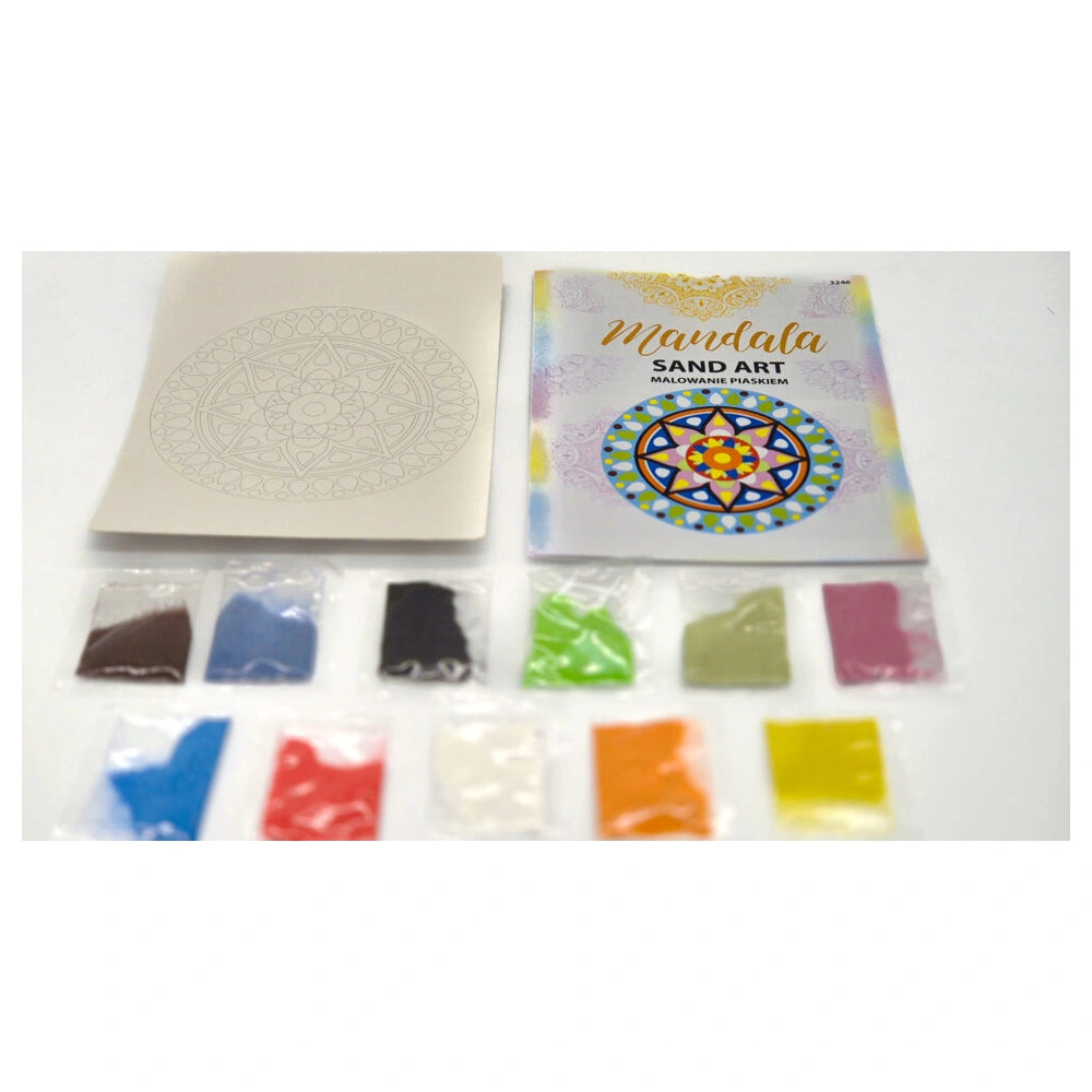 Mandala Sand Art booklet with colorful squares arranged in a grid, showcasing eco-friendly craft materials for ages 8+.
